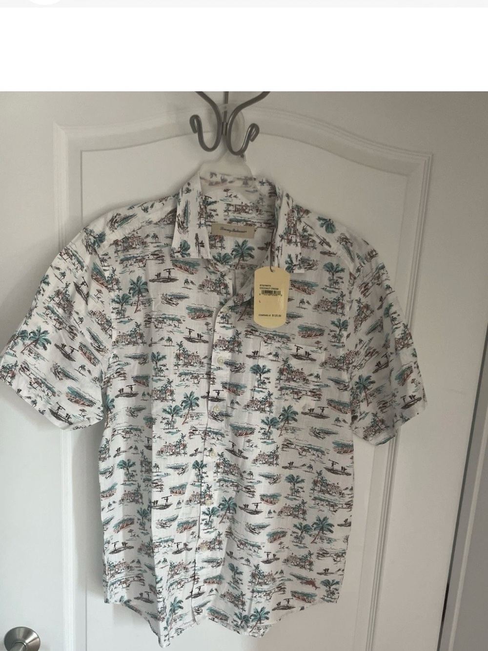 NWT Tommy Bahama Shirt coconut cream button-up short sleeve Top size Large $120
